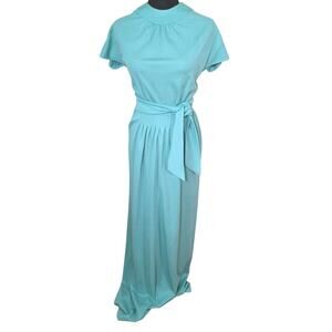 Vintage 70s Mint Light Green Polyester Maxi Dress Disco Hostess Women Size Small